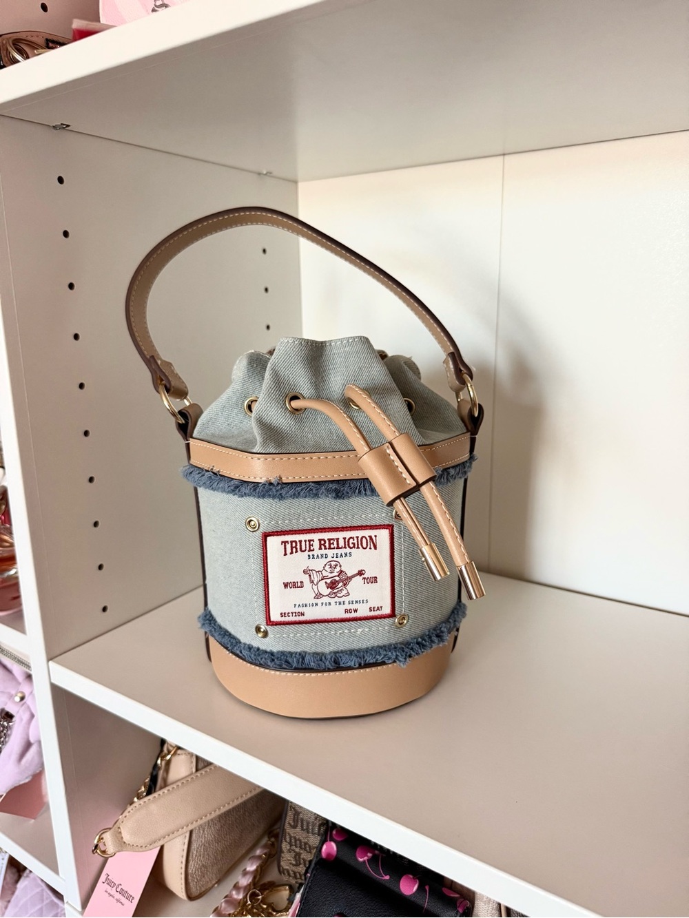 True Religion Light Denim Blue and Tan Bucket Bag